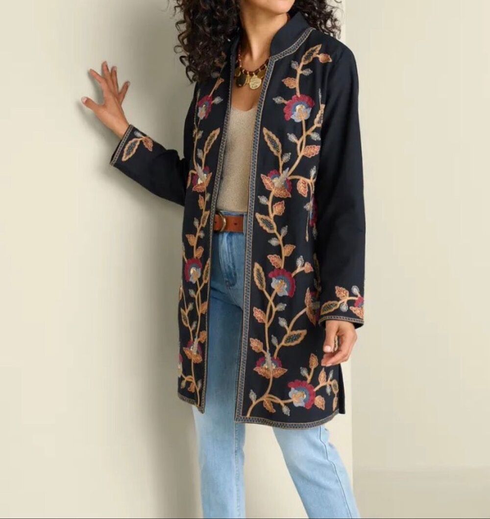 Soft Surroundings $200 Alamosa Floral Embroidered Beaded Jacket Black boho PM NW